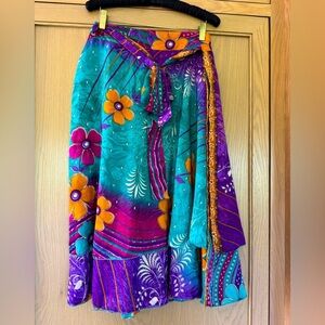 Vintage Kariza Silk Blend Teal, Orange, Purple Wrap Tiered Skirt OSFM